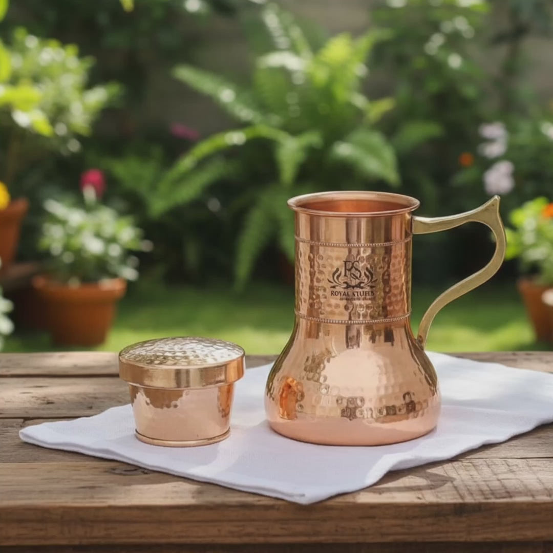 Pure Copper Water Jug with Glass Set 1000 ML – Lily Pot Design