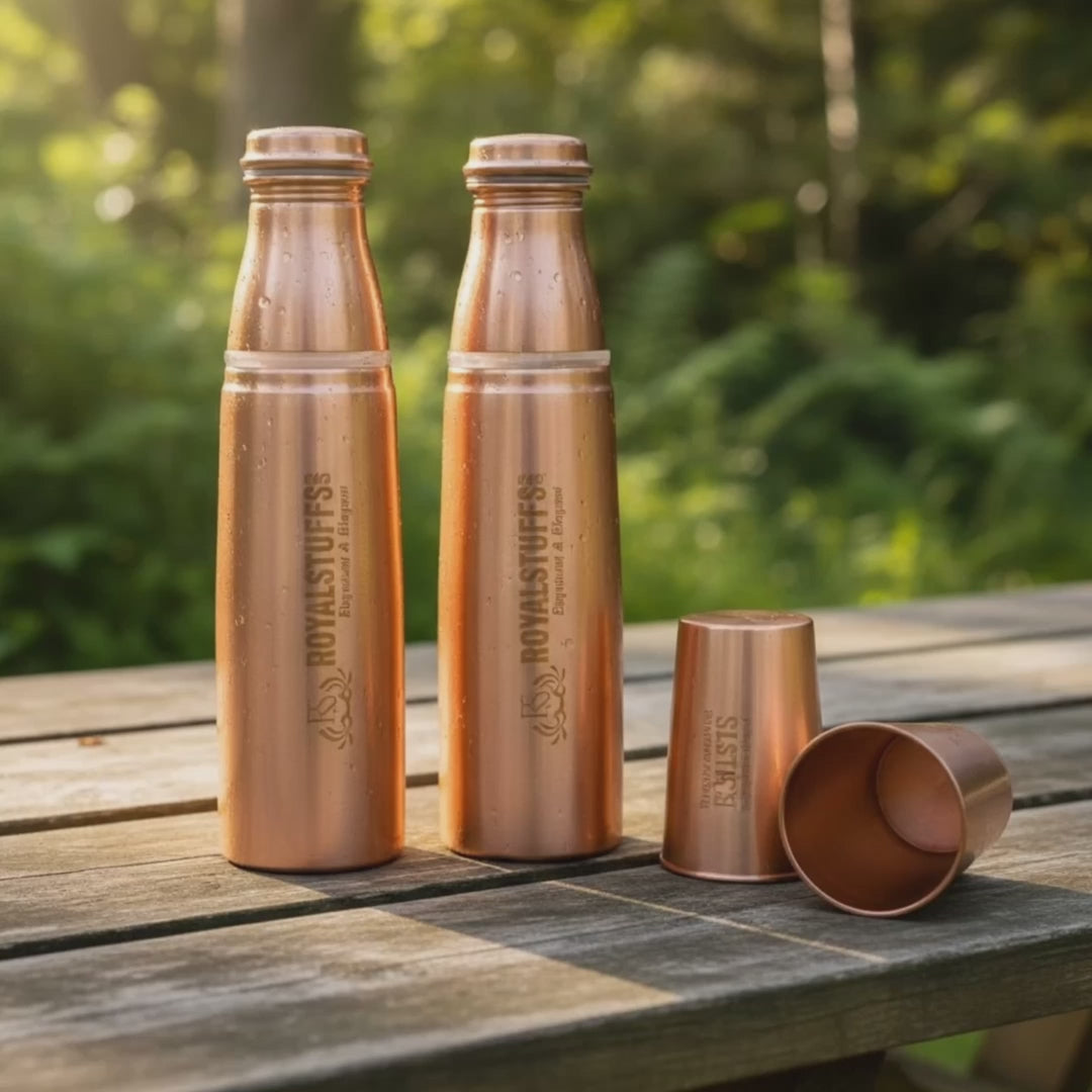 Pack of 2 Pure Copper Water Bottles – 1 Liter Extra Large Copper Drinkware Gift Set