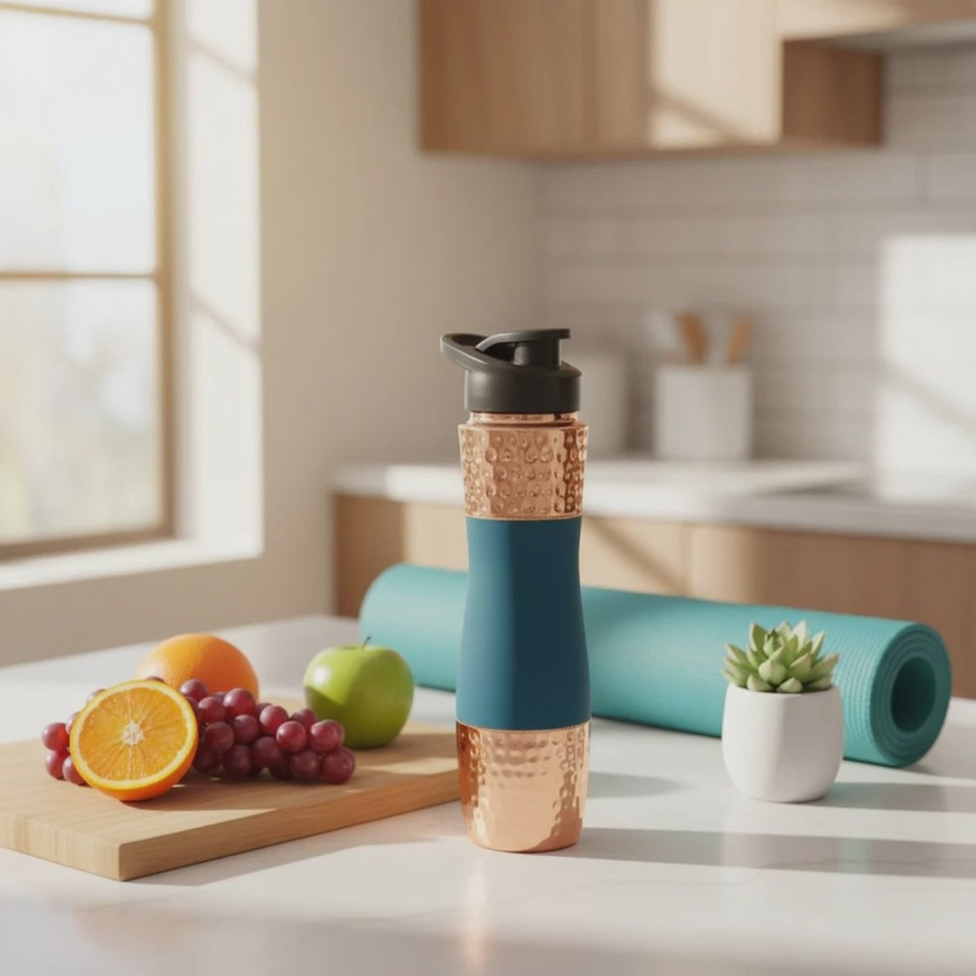 RoyalStuffs Designer Copper Hammered Sipper Bottle with Silicone Grip – 1 Litre Leak-Proof Copper Bottle
