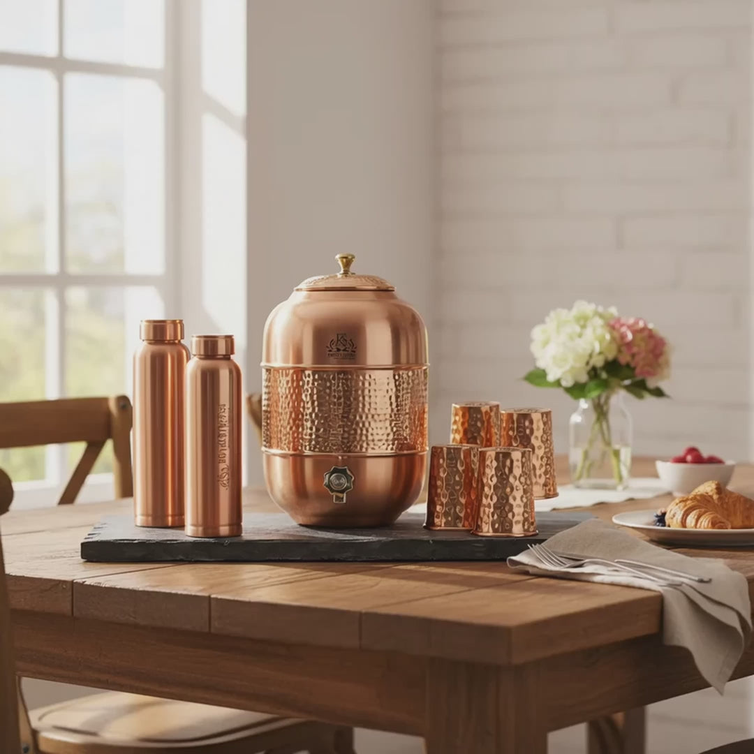 RoyalStuffs 12 Liter Pure Copper Water Dispenser Set – Hammered Copper Storage Tank with 4 Tumblers & 2 Bottles
