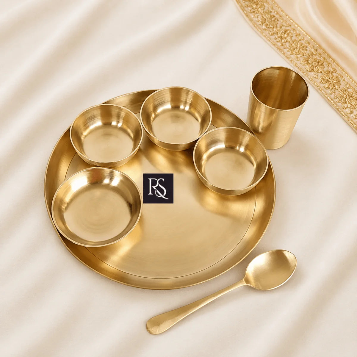 Pure Brass Matt Finish 7-Piece Dinner Set / Thali Set