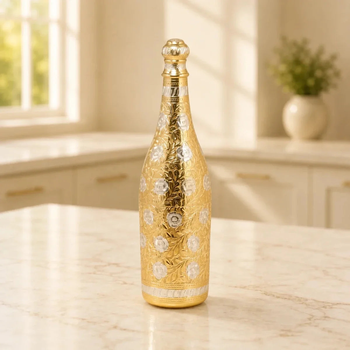 RoyalStuffs Pure Brass Royal Champagne Bottle – Hand Carved 16 Inch Decorative Showpiece