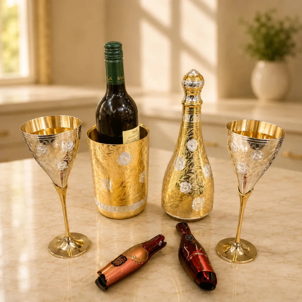 RoyalStuffs Pure Brass Royal Champagne Bottle – Hand Carved 16 Inch Decorative Showpiece