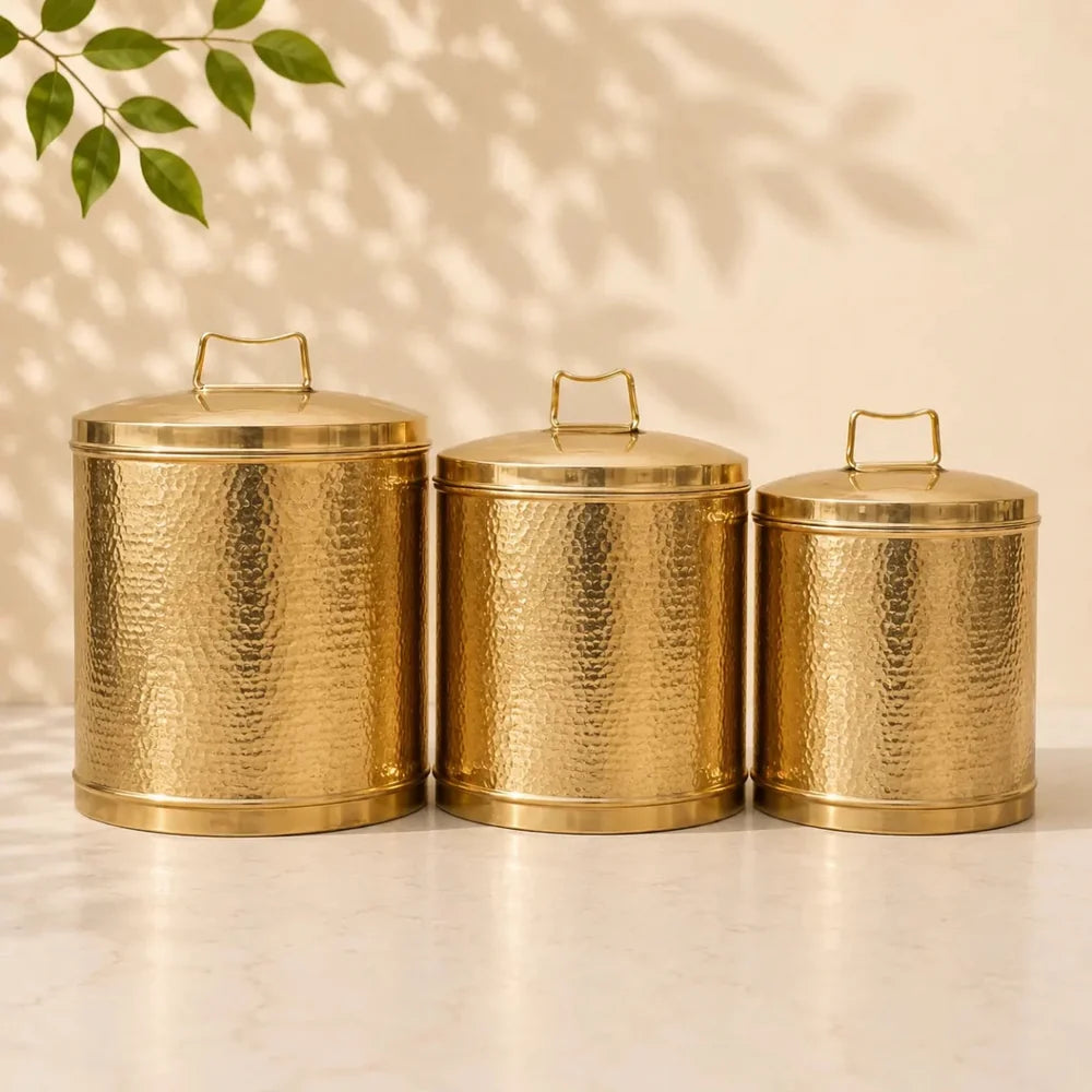Pure Brass Storage Pawali Traditional Container Brass Container Brass Storage Box (set of 3)