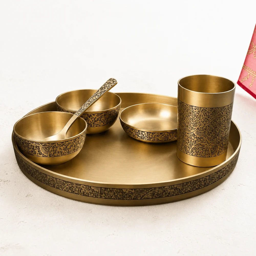 Pure Kansa Dinner Set – 6 Pieces | 12 Inch Matt Embossed Designer Thali