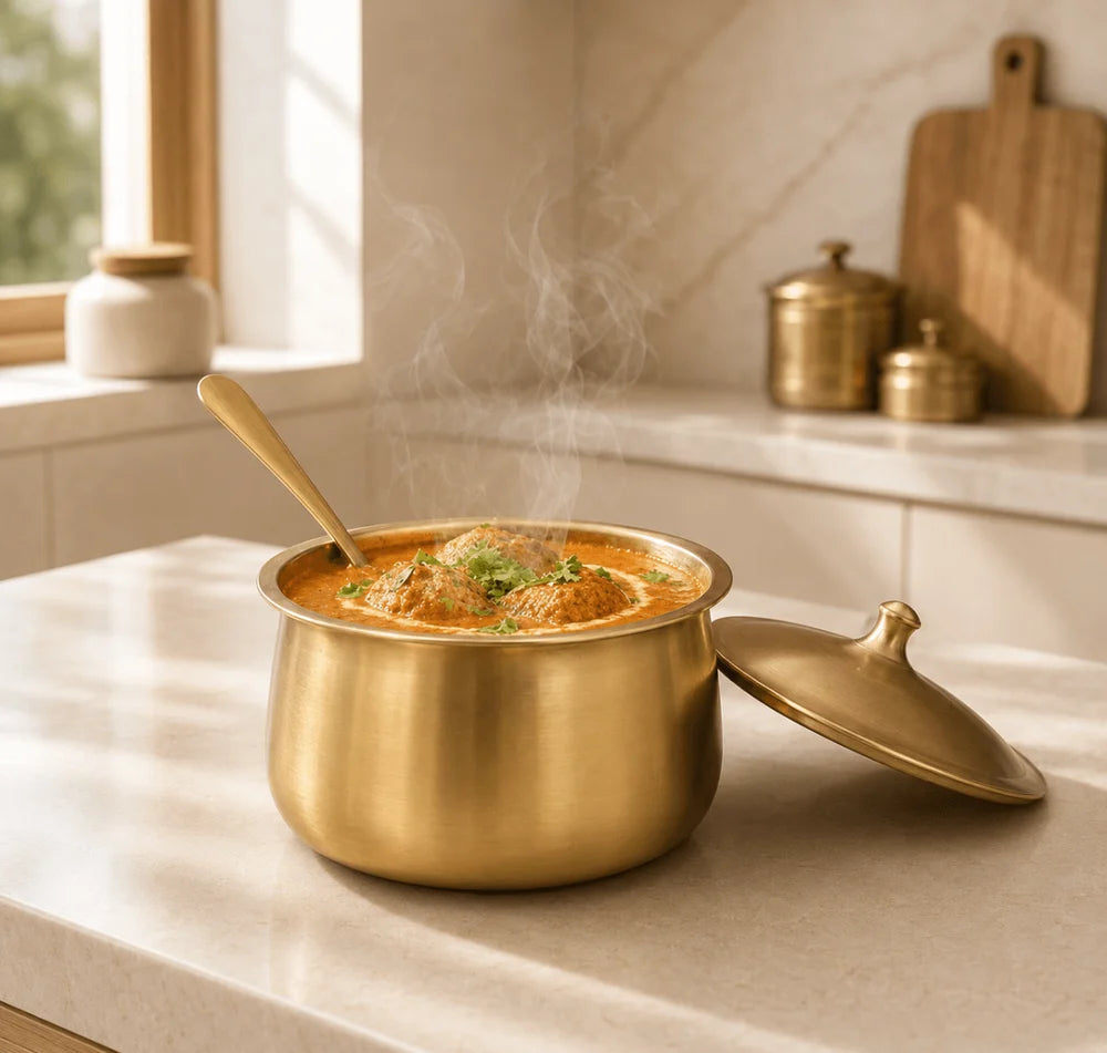 Pure Kansa Handi – Deep Traditional Serving Bowl Set with Lid & Ladle | Handmade Bronze Handi