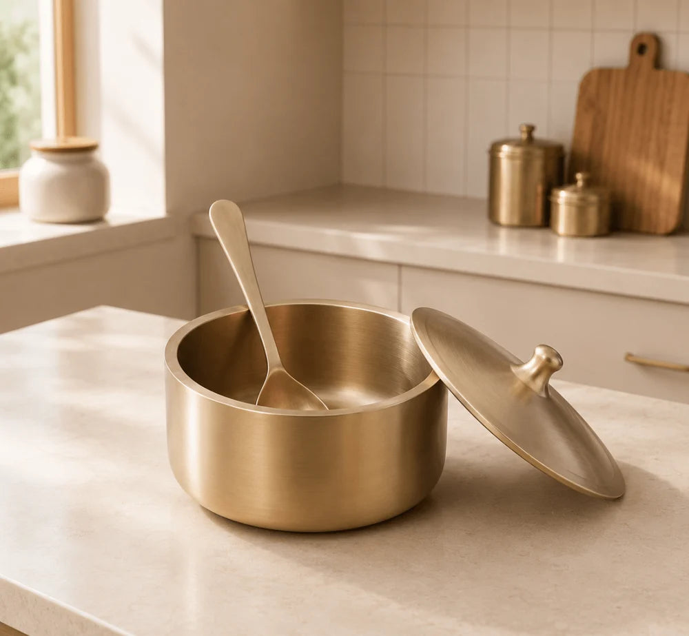 Pure Kansa Handi – Deep Traditional Serving Bowl Set with Lid & Ladle | Handmade Bronze Handi