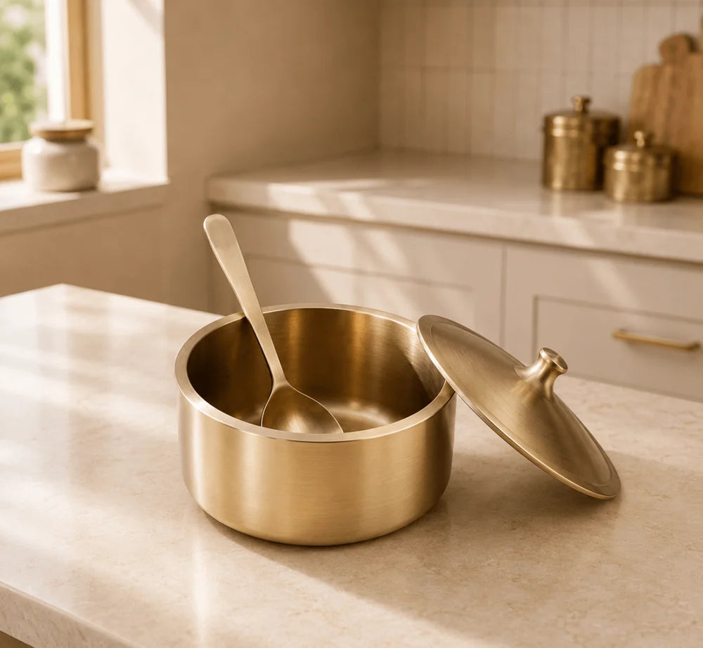 Pure Kansa Handi – Deep Traditional Serving Bowl Set with Lid & Ladle | Handmade Bronze Handi