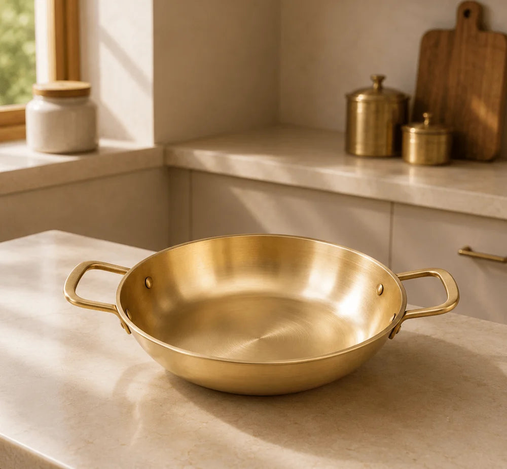 Pure Kansa Kadai with Broad Handles | Handmade Bronze Kadhai for Traditional Cooking