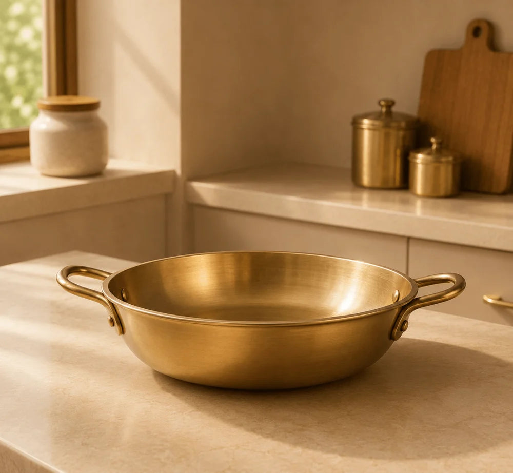 Pure Kansa Kadai with Broad Handles | Handmade Bronze Kadhai for Traditional Cooking