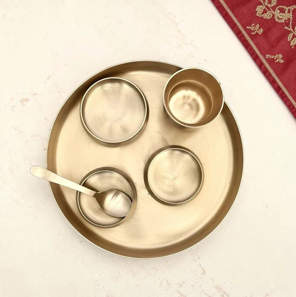 Pure Kansa Thali Set – 6 Piece | Curved Design Bronze