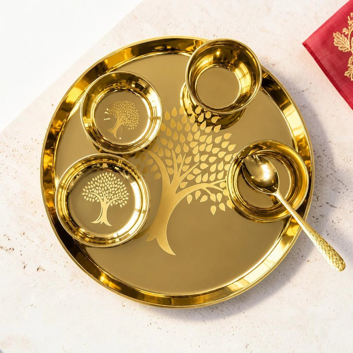 RoyalStuffs Designer Kansa Thali Set – 80:20 Certified Bronze Dinner Set with Laser Engraved Tree Design