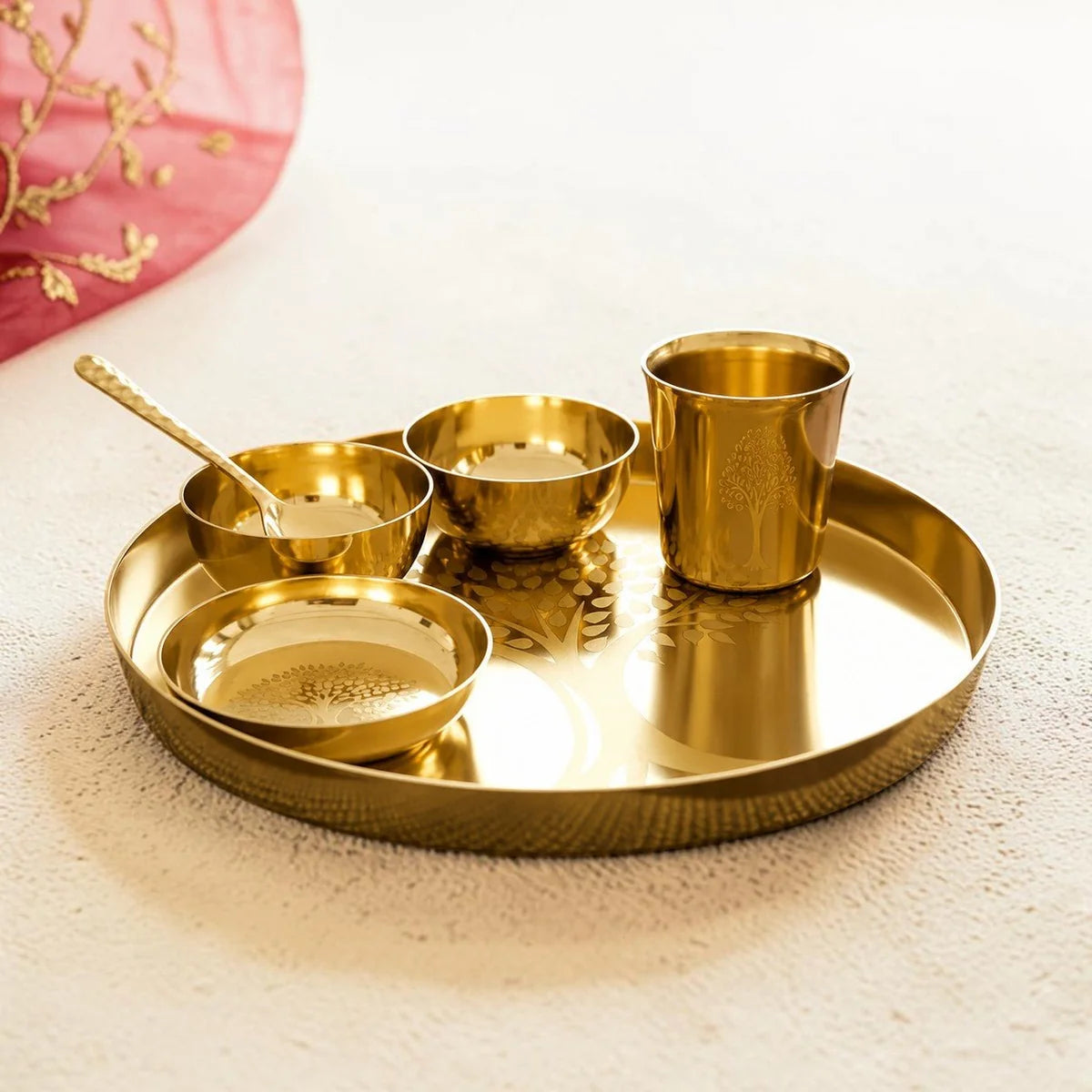 RoyalStuffs Designer Kansa Thali Set – 80:20 Certified Bronze Dinner Set with Laser Engraved Tree Design