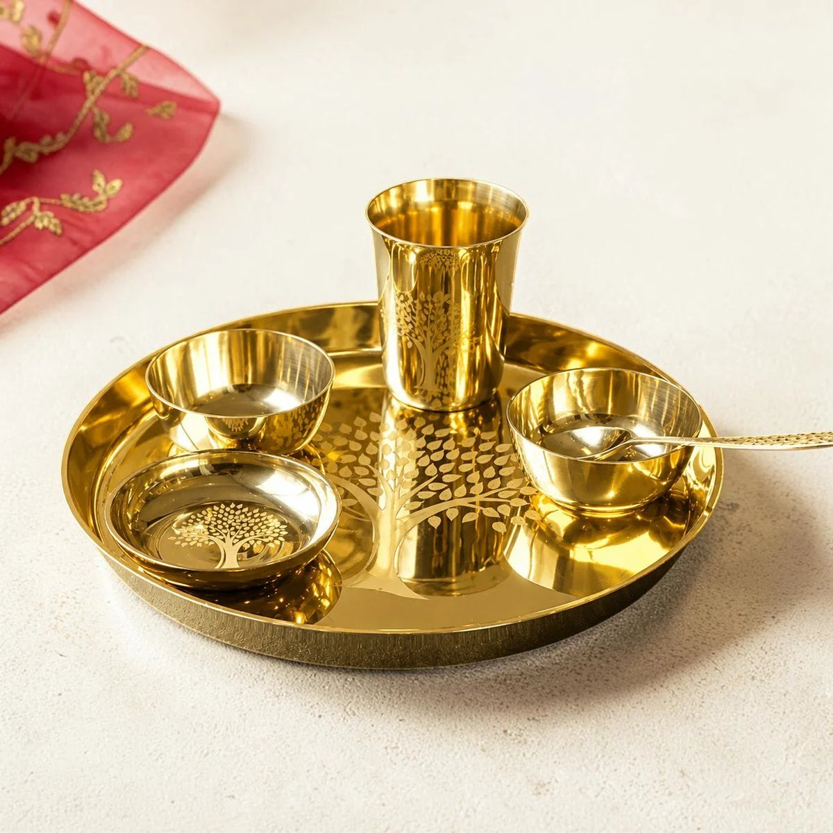 RoyalStuffs Designer Kansa Thali Set – 80:20 Certified Bronze Dinner Set with Laser Engraved Tree Design