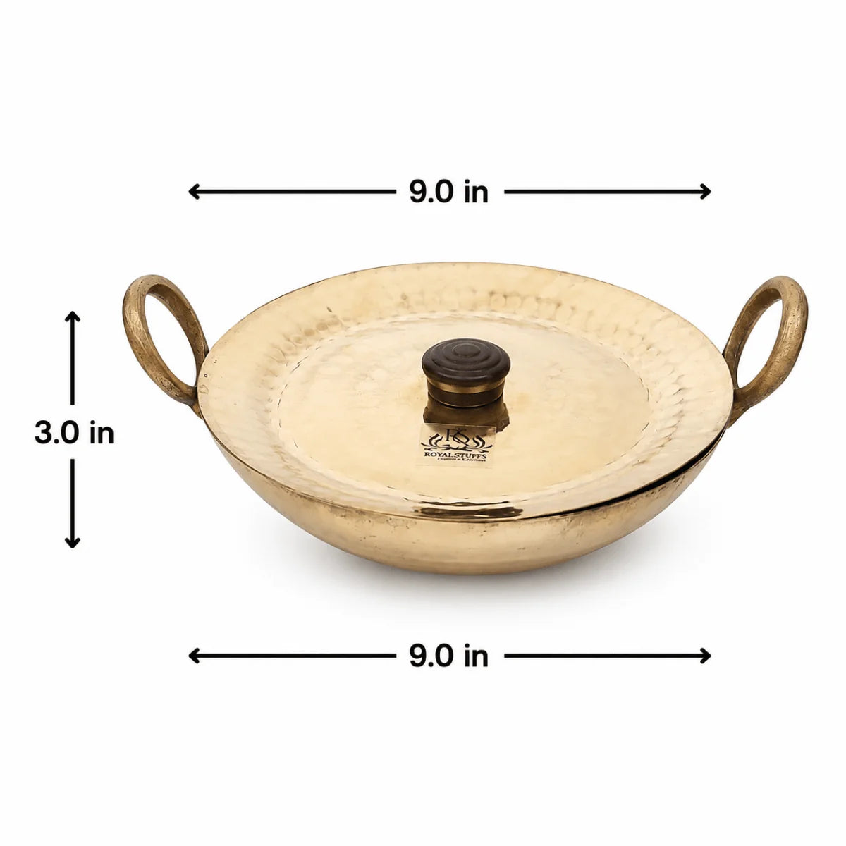 RoyalStuffs Round Base Handmade Brass Kadhai with Pure Tin (Kalai) Coating & Brass Lid