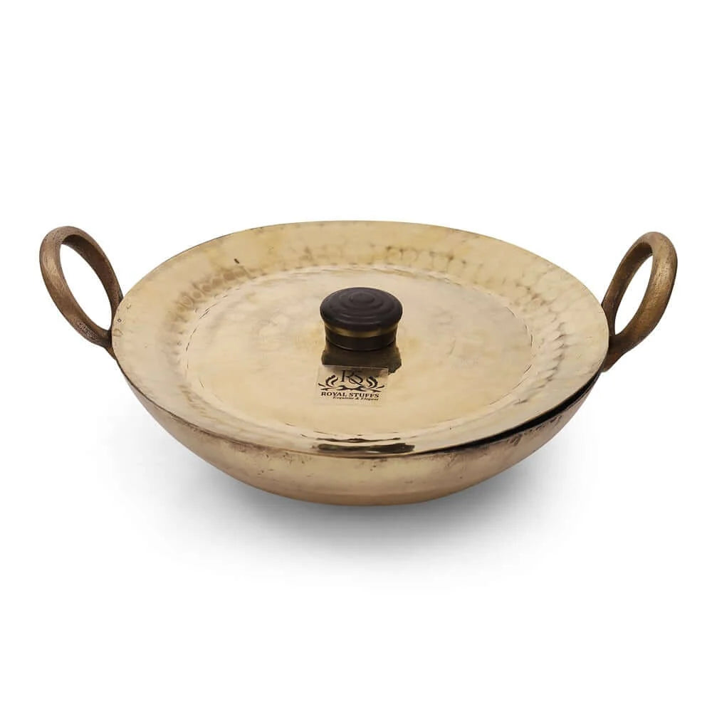 RoyalStuffs Round Base Handmade Brass Kadhai with Pure Tin (Kalai) Coating & Brass Lid