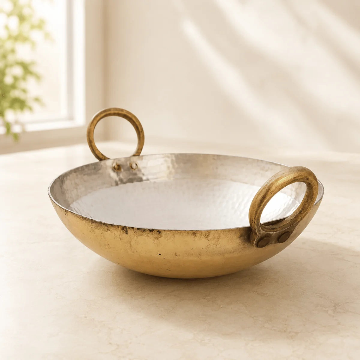 RoyalStuffs Round Base Handmade Brass Kadhai with Pure Tin (Kalai) Coating & Brass Lid