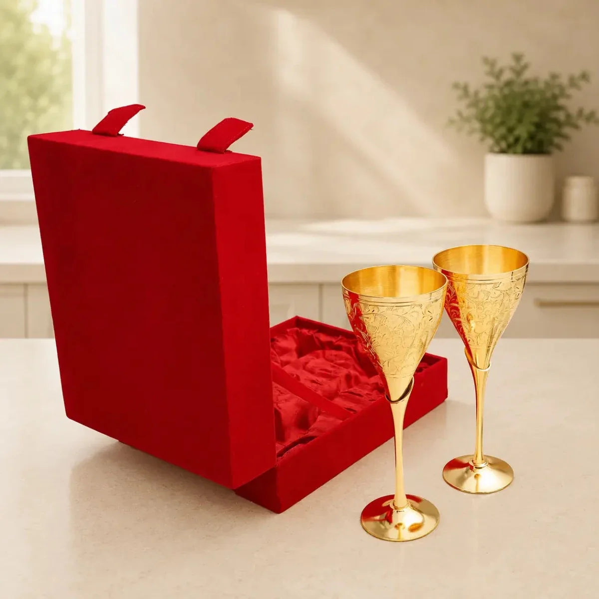Royal Brass Wine Glass Set of 2 – Handcrafted Golden Drinkware for Elegant Serving