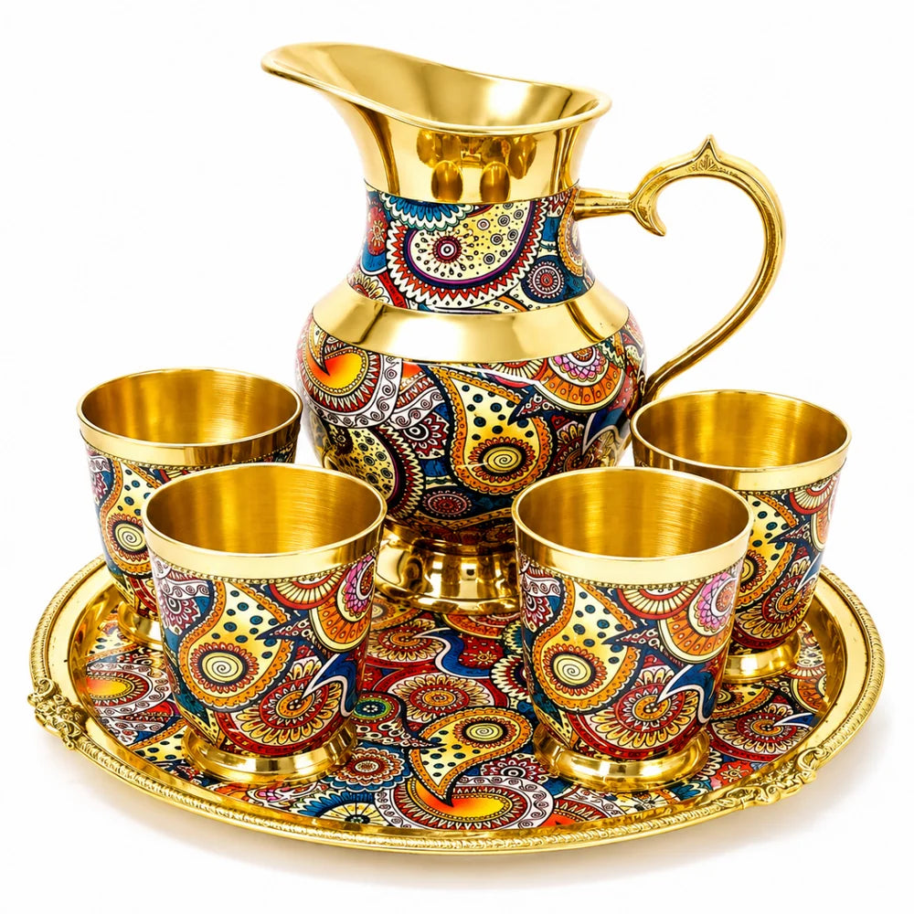 Royal Golden Steel Jug Glass Tray Set | Handcrafted Flower Lemon Set | Designer Drinkware