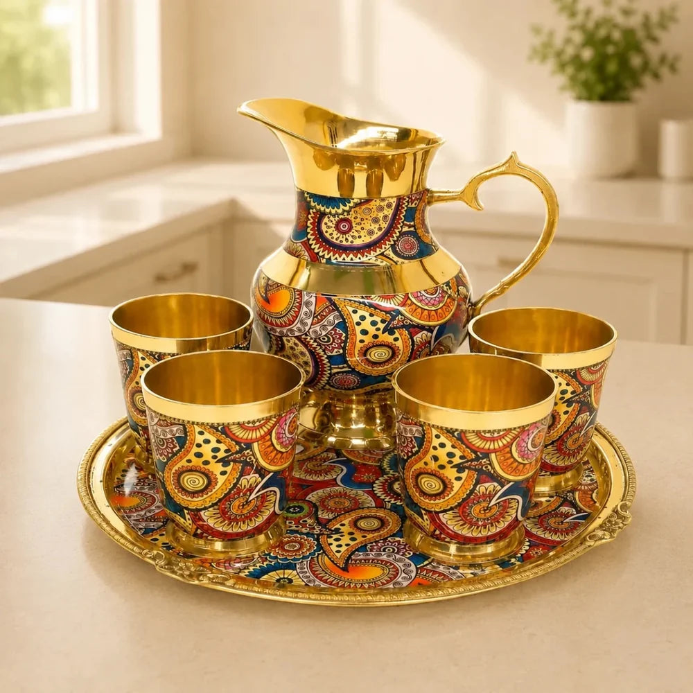 Royal Golden Steel Jug Glass Tray Set | Handcrafted Flower Lemon Set | Designer Drinkware