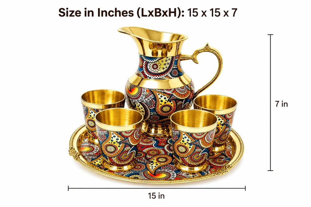 Royal Golden Steel Jug Glass Tray Set | Handcrafted Flower Lemon Set | Designer Drinkware