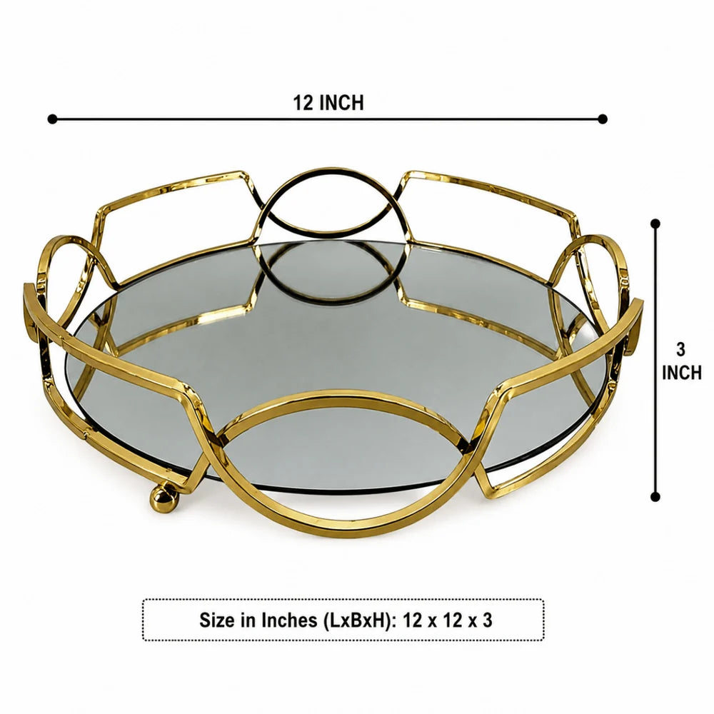 ROYALSTUFFS 12" Antique Brass Glass Tray with Mirror Top metal, gold colour
