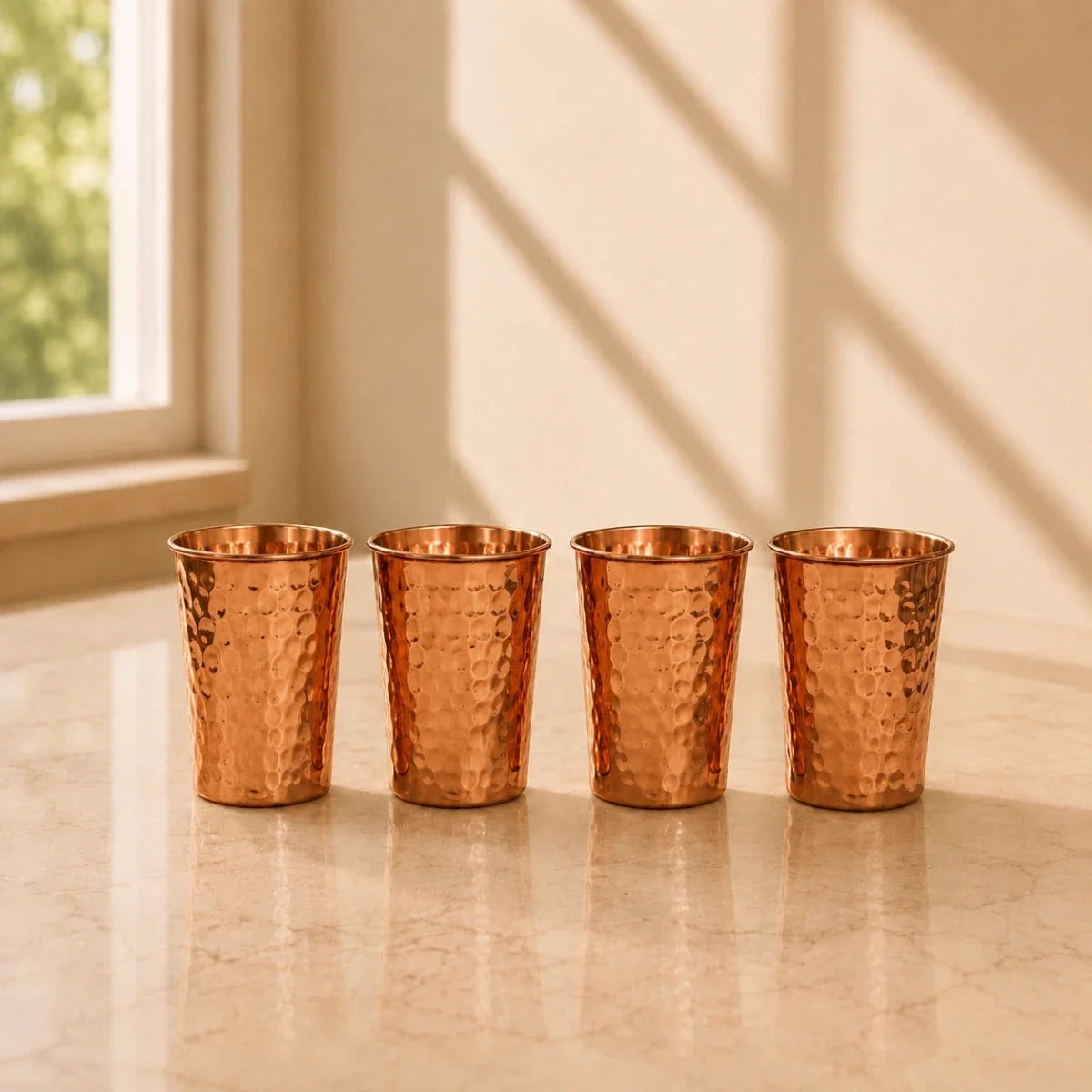 RoyalStuffs Pure Copper Water Dispenser Set – Hammered 8 Liter Copper Storage Tank with 4 Tumblers & 2 Bottles