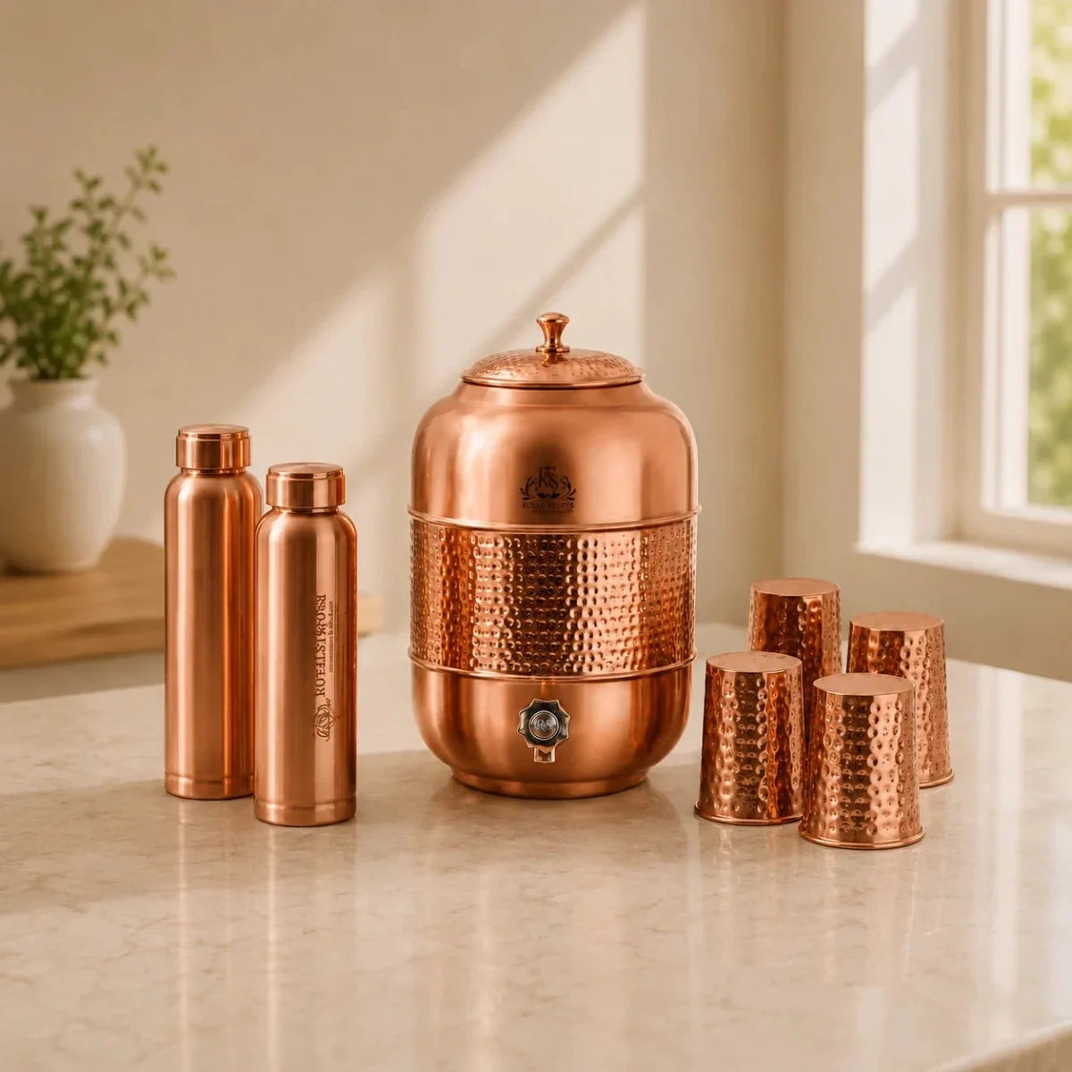 RoyalStuffs 12 Liter Pure Copper Water Dispenser Set – Hammered Copper Storage Tank with 4 Tumblers & 2 Bottles