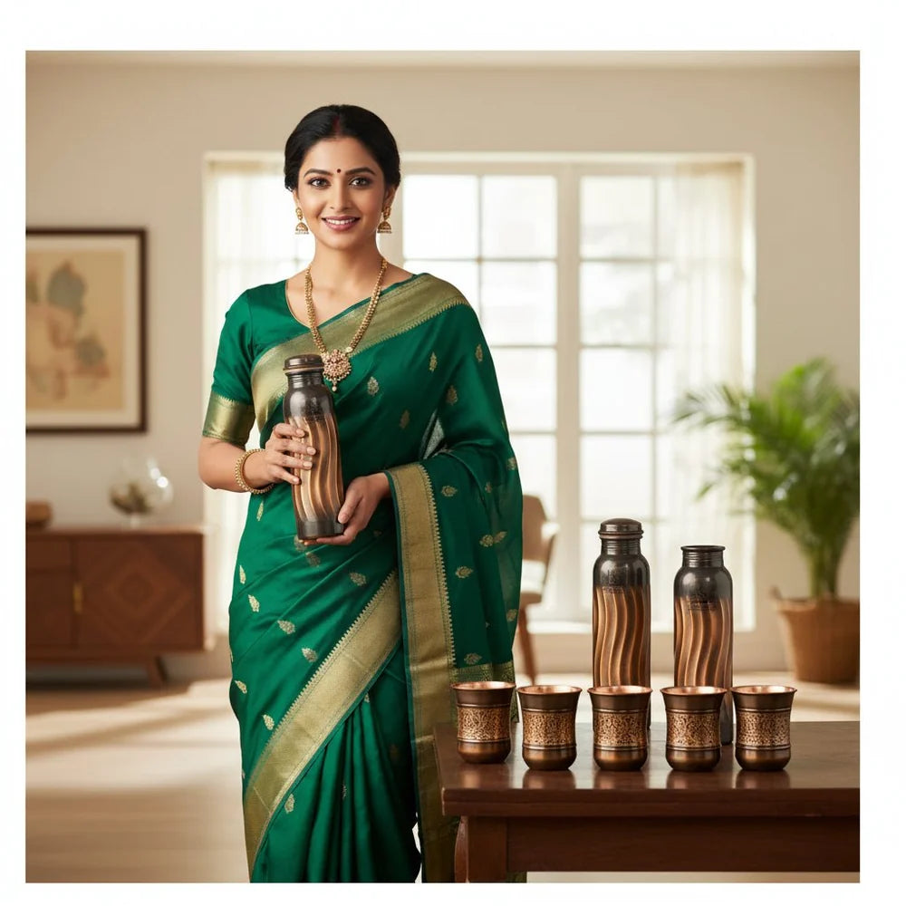 Pure Copper Lehar Water Bottle Set with 4 Tumblers – Antique Finish Drinkware Collection