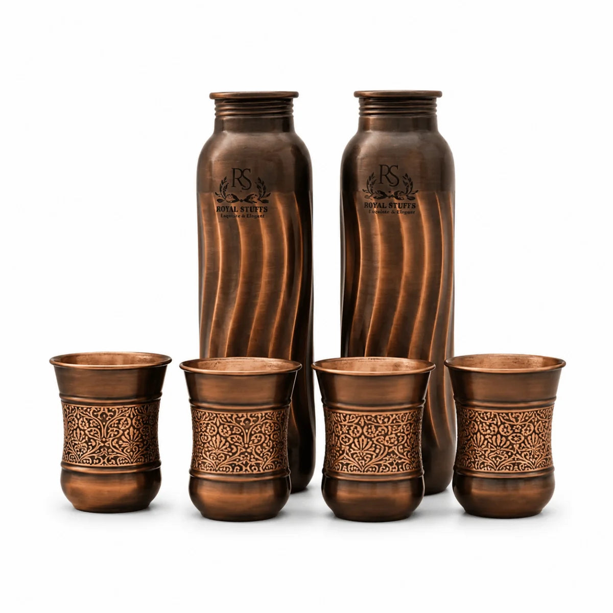 Pure Copper Lehar Water Bottle Set with 4 Tumblers – Antique Finish Drinkware Collection