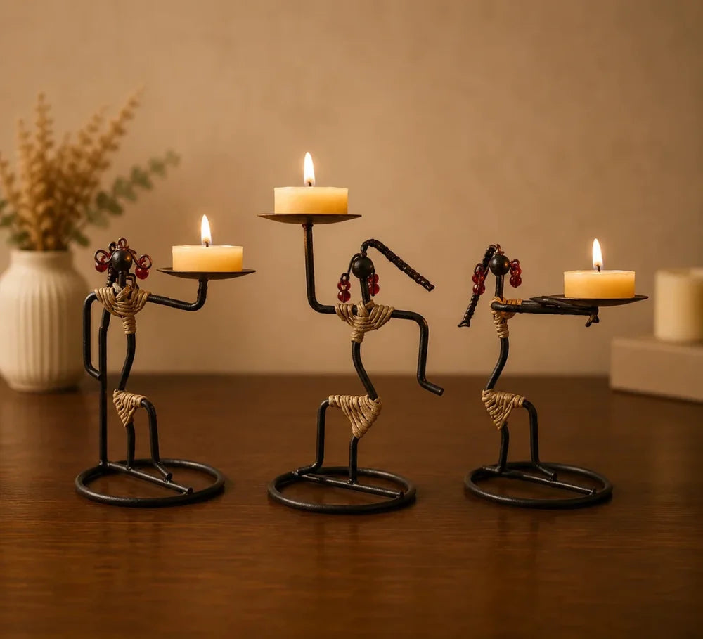 ROYALSTUFFS 3 Dancing Figurines Double Candle Holders Metal Art Decor (3 X 3 X 6 Inches)