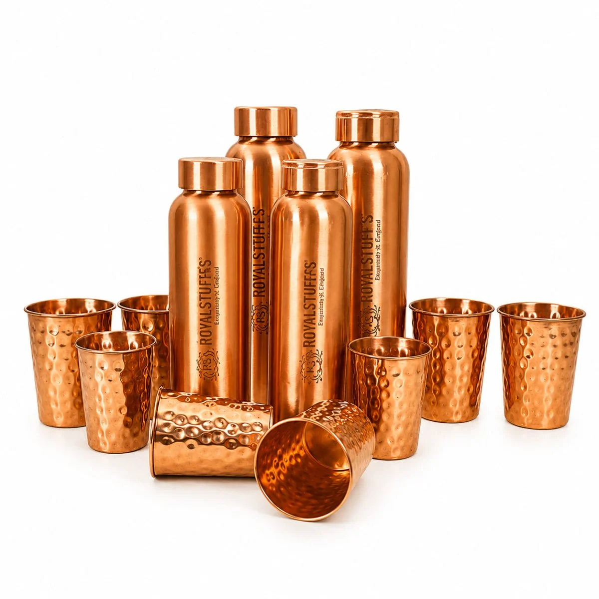 RoyalStuffs Copper Water Bottle Set – 4 Pure Copper Bottles with 8 Hammered Tumblers (900 ML)