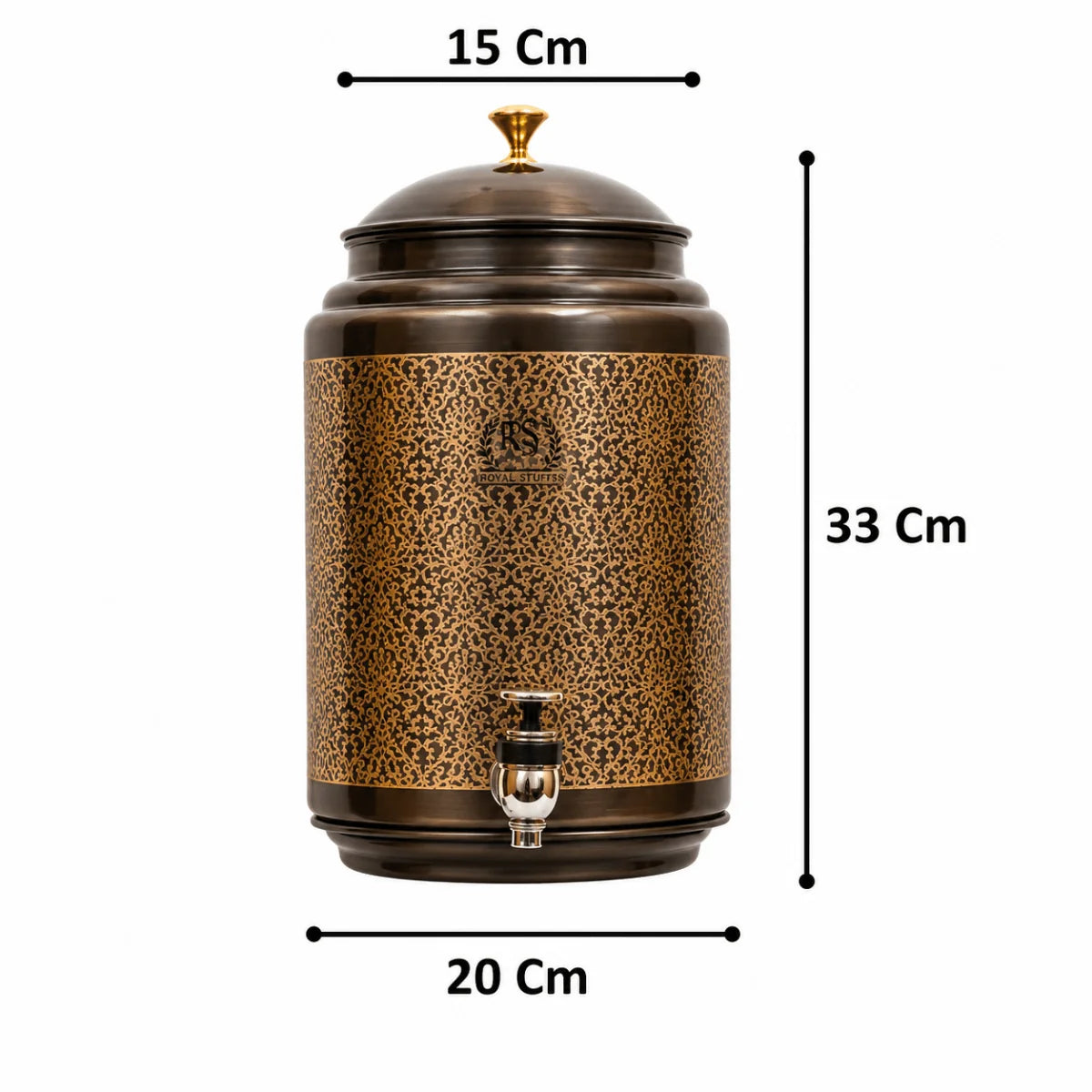 RoyalStuffs 8 Liter Embossed Black Copper Water Dispenser Set – Copper Tank with Stand, 3 Glasses & 1000 ML Bottle