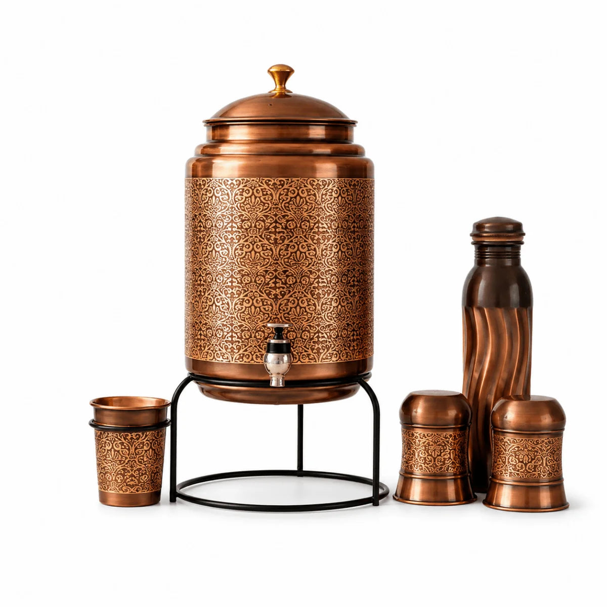 RoyalStuffs 8 Liter Embossed Black Copper Water Dispenser Set – Copper Tank with Stand, 3 Glasses & 1000 ML Bottle