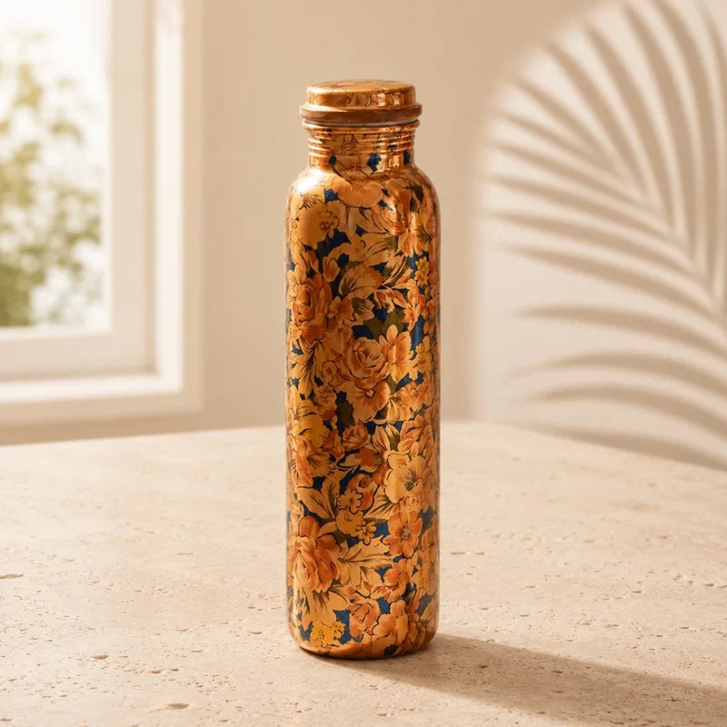 RoyalStuffs Printed Pure Copper Water Bottle – Floral Designer Copper Bottle for Daily Hydration (950 ML)