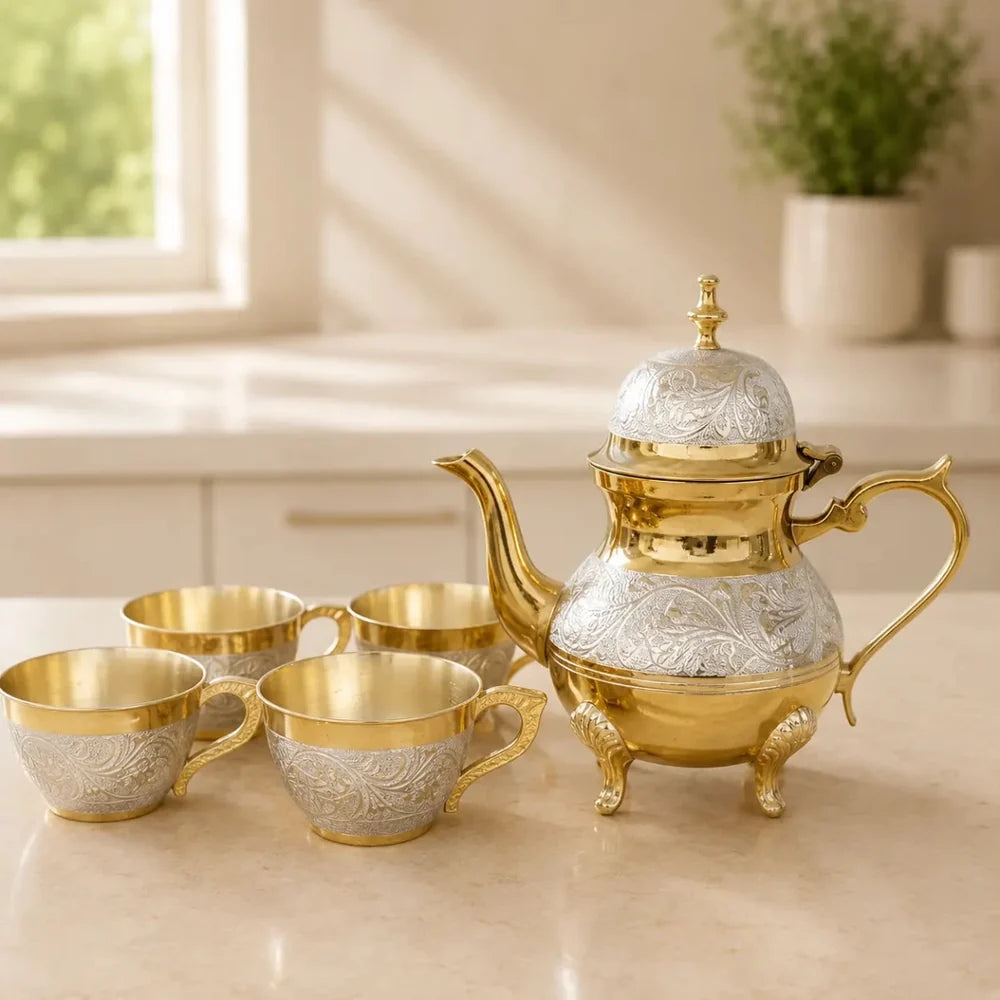 ROYALSTUFFS Brass Gold & Silver Tea Set with Red Velvet Box