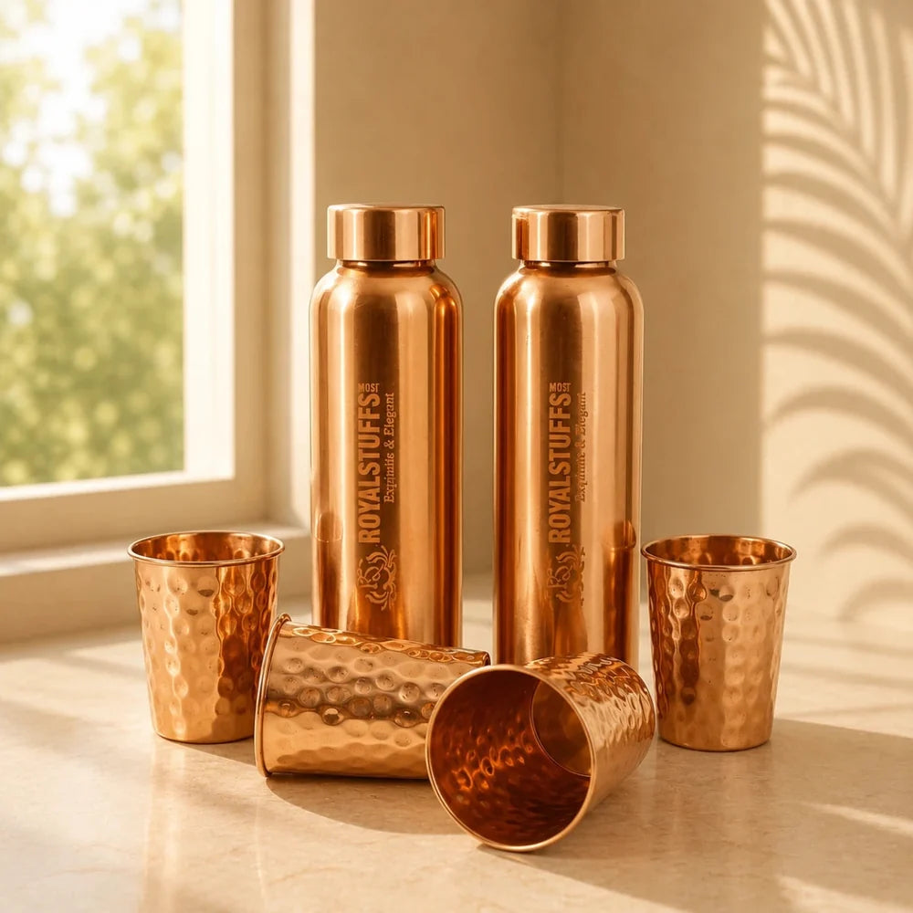 ROYALSTUFFS Copper 2 Water Bottle for Drinking with 4 Copper Glass Ayurvedic 900 ml Premium Quality Handcrafted Hammered Copper Vessel and Glass Set