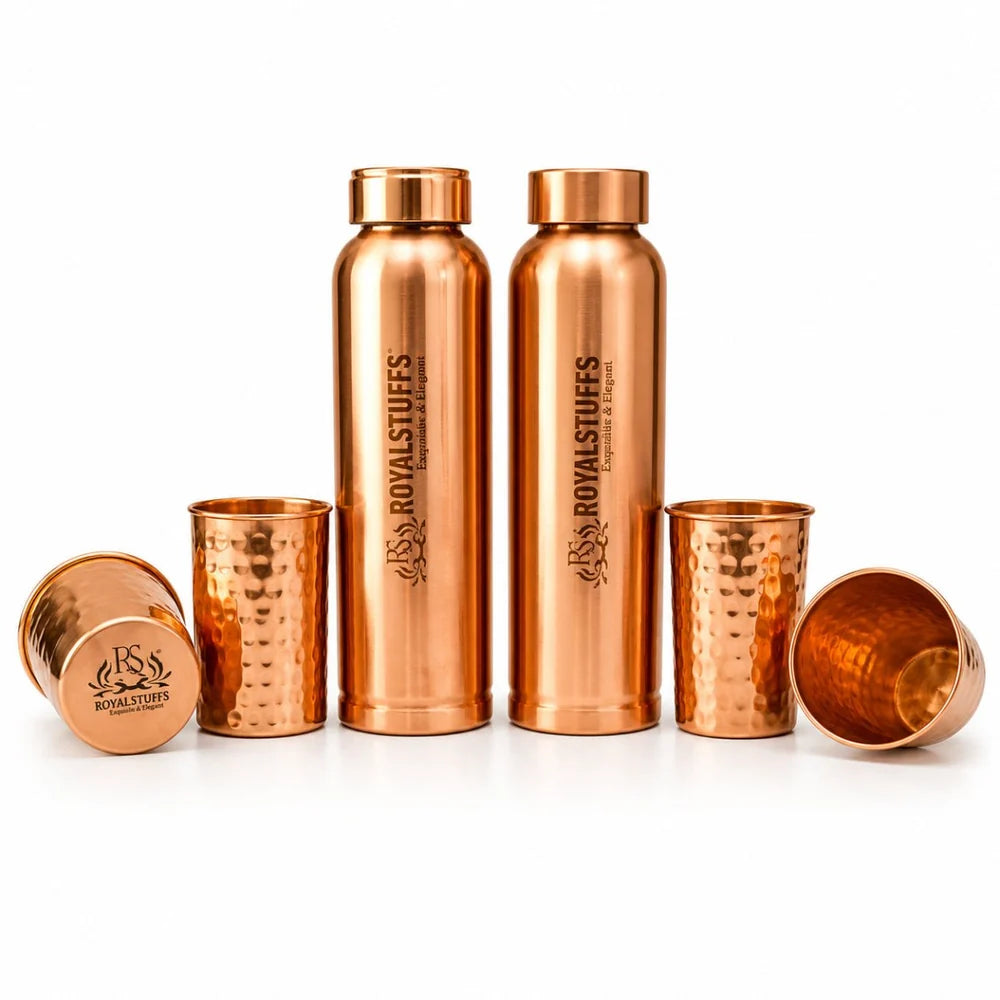 ROYALSTUFFS Copper 2 Water Bottle for Drinking with 4 Copper Glass Ayurvedic 900 ml Premium Quality Handcrafted Hammered Copper Vessel and Glass Set
