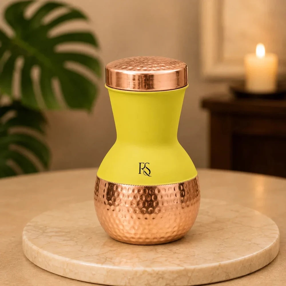 ROYALSTUFFS Copper Yellow Matka Pot with Inbuilt Glass Capacity 1250 ML