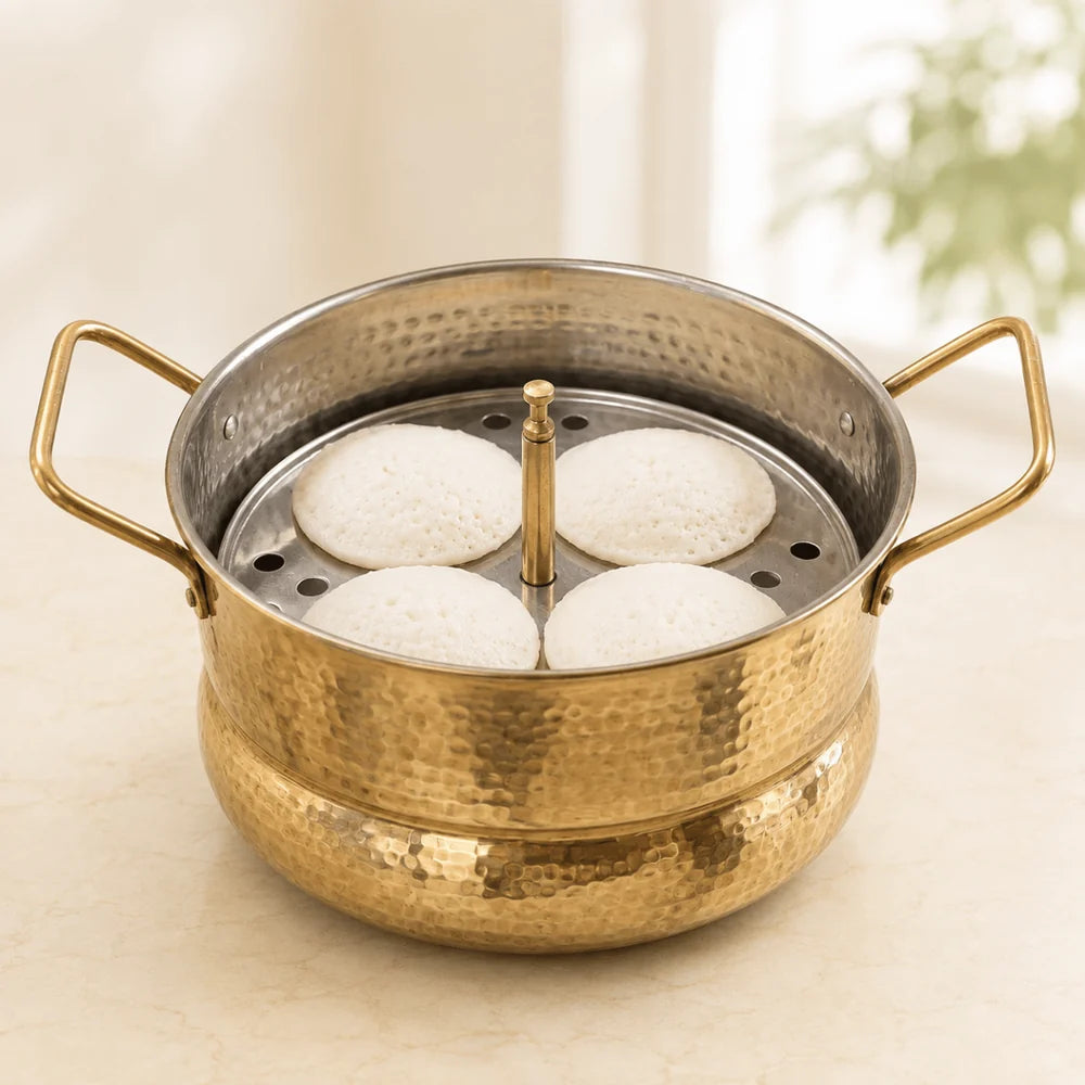 RoyalStuffs Handmade Brass Idli Maker with Pure Tin Coating (Kalai) – Medium Size Traditional Steamer