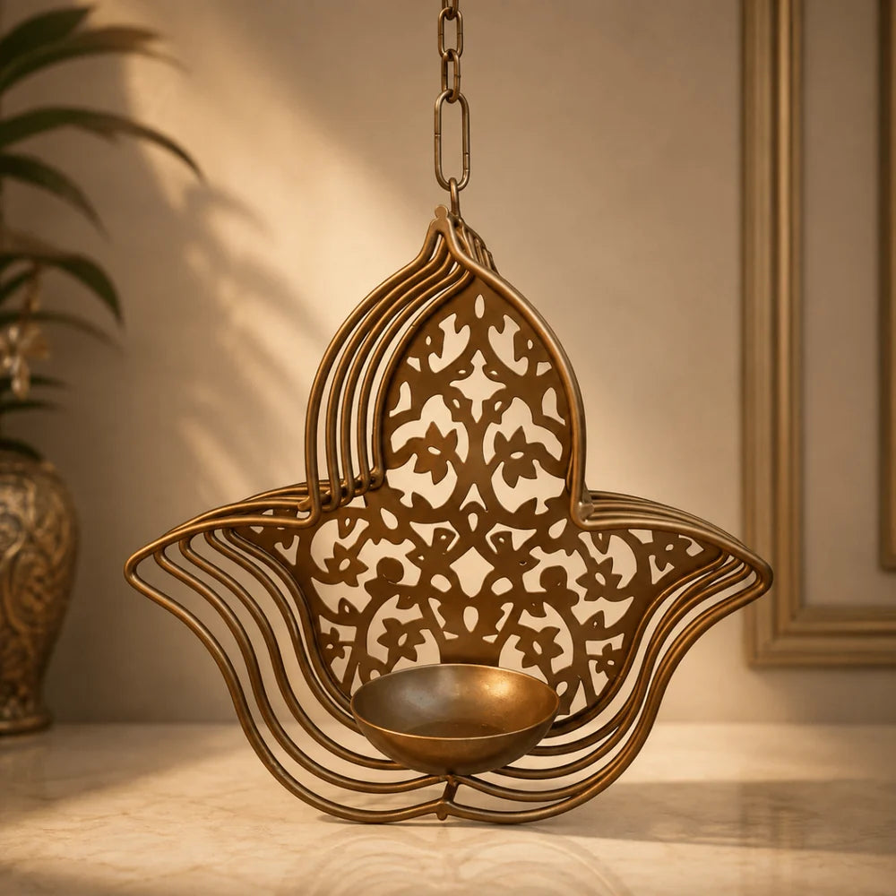 ROYALSTUFFS Hanging / Table – Shadow Tea Light Candle Holder – Gold (6x6x2 inches )