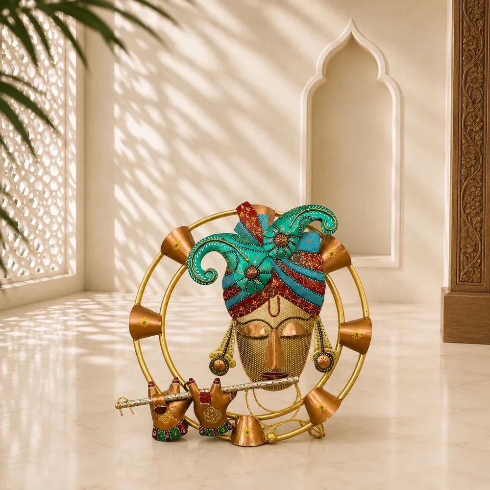 ROYALSTUFFS Krishna Playing Flute With Inbuilt LED Light Decorative Metal Wall Hangings With Light For Wall Décor – Round Iron Metal Wall Hanging For Home Decoration and Café Decoration