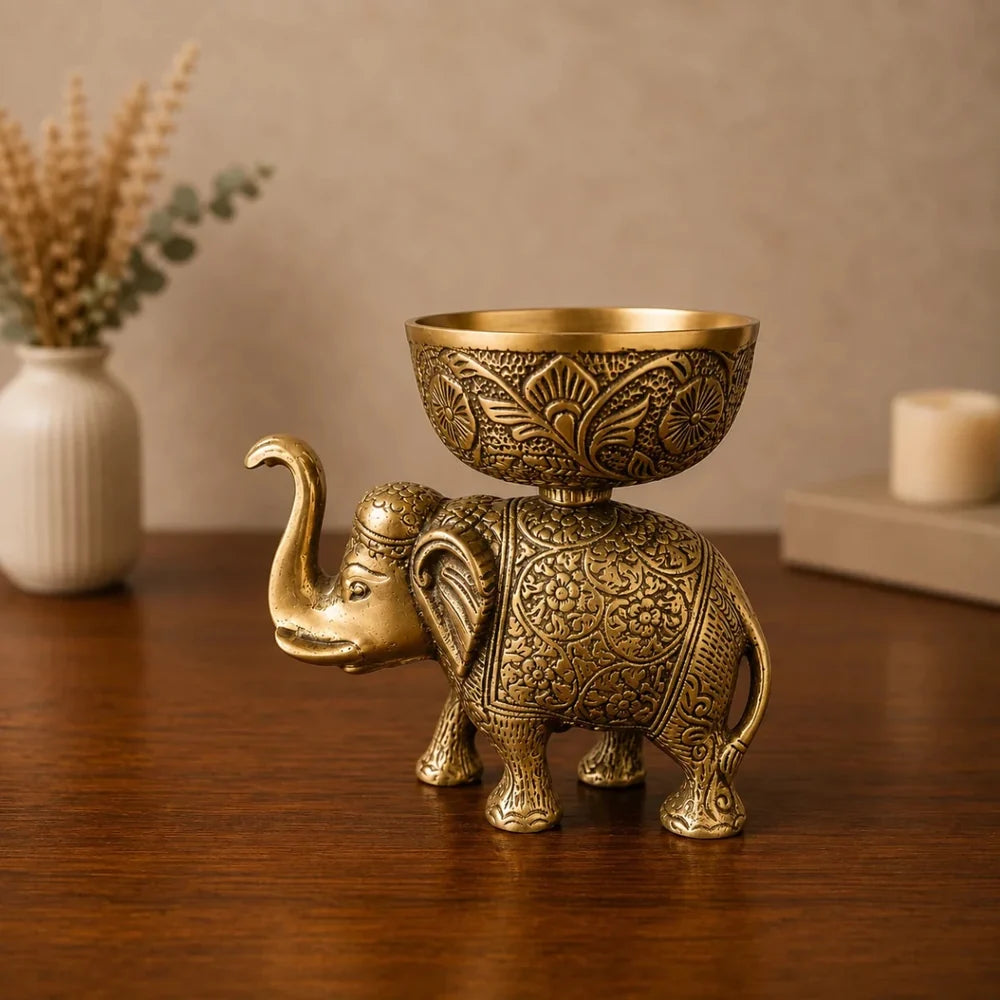 ROYALSTUFFS Metal Elephant Dry Fruit Bowl Showpiece Gold Polish for Your Home,Office Table & Gift Article,Animal Decorative Showpiece Figurines (640 Gram)