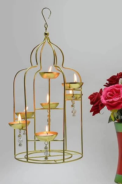 ROYALSTUFFS Metal Hanging Lantern with Beads Home Decoration for Bedroom, Livingroom, Home Office Ideal for Gifting - Matte Gold