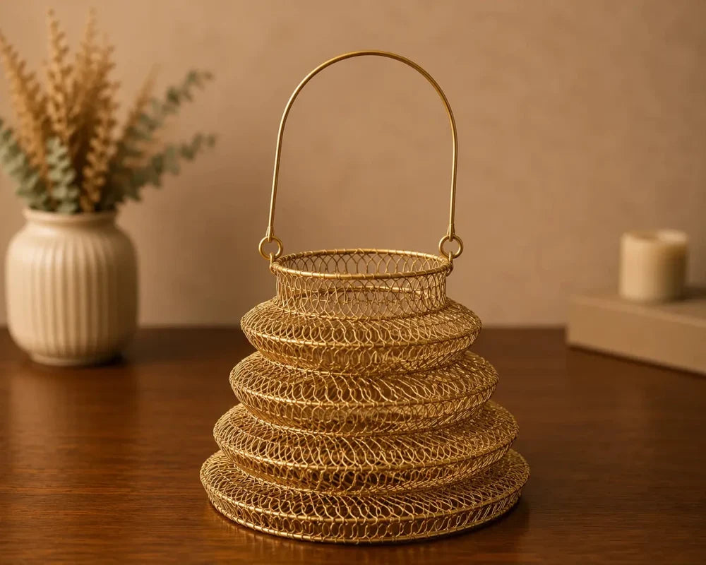 ROYALSTUFFS Metal Mesh wire Hamper Shagun Basket | Metal Big Basket/Gifts Hamper Basket/Serving Basket/Fruit Basket/Dry Fruit Basket/Packing Tray (Golden)