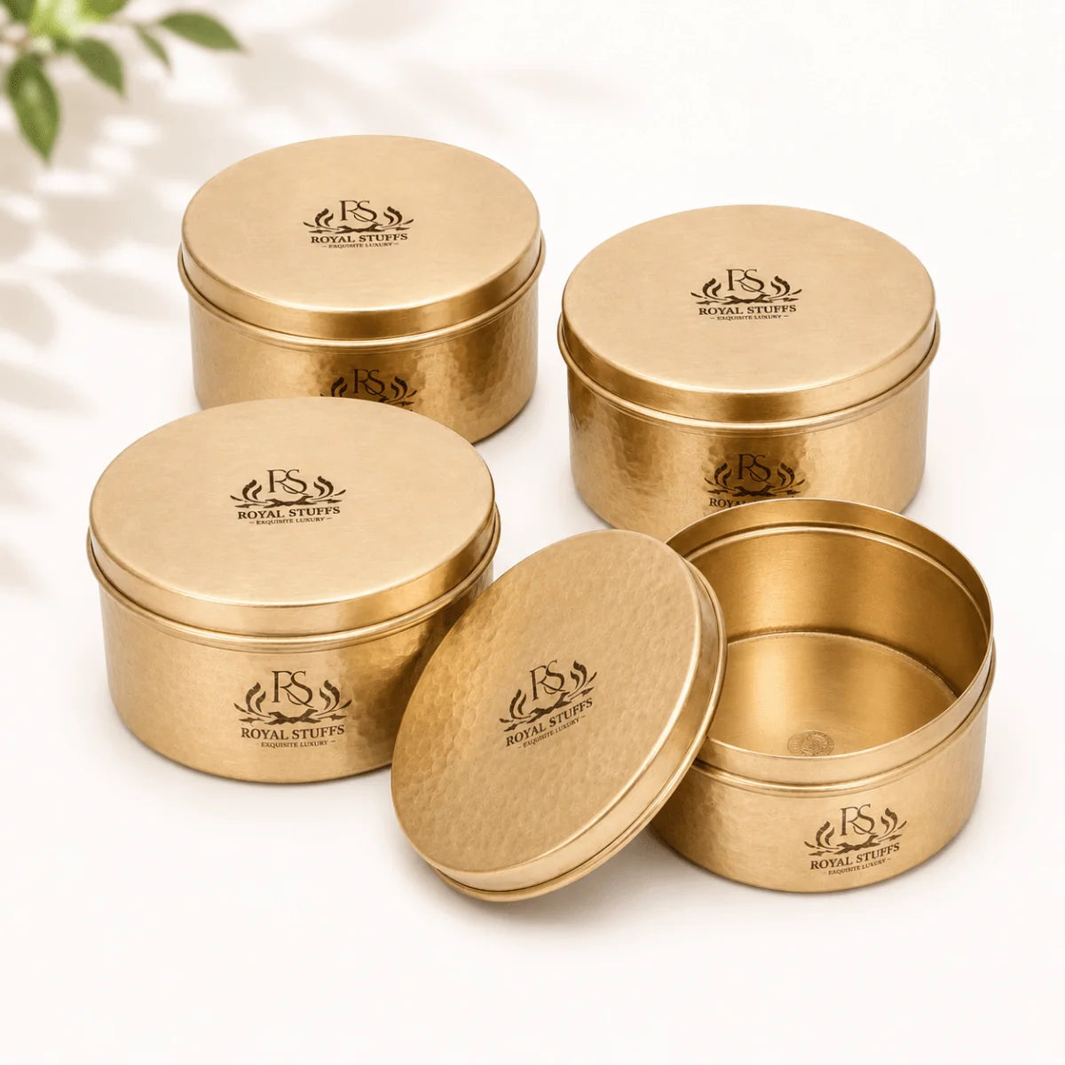 RoyalStuffs Pure Brass Gold Hammered Laddu Box Set – Set of 4 Brass Storage & Snack Containers
