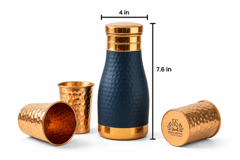 RoyalStuffs Pure Copper Bedside Water Carafe Set – Blue Designer Copper Bottle with 4 Hammered Glasses (1000 ML)