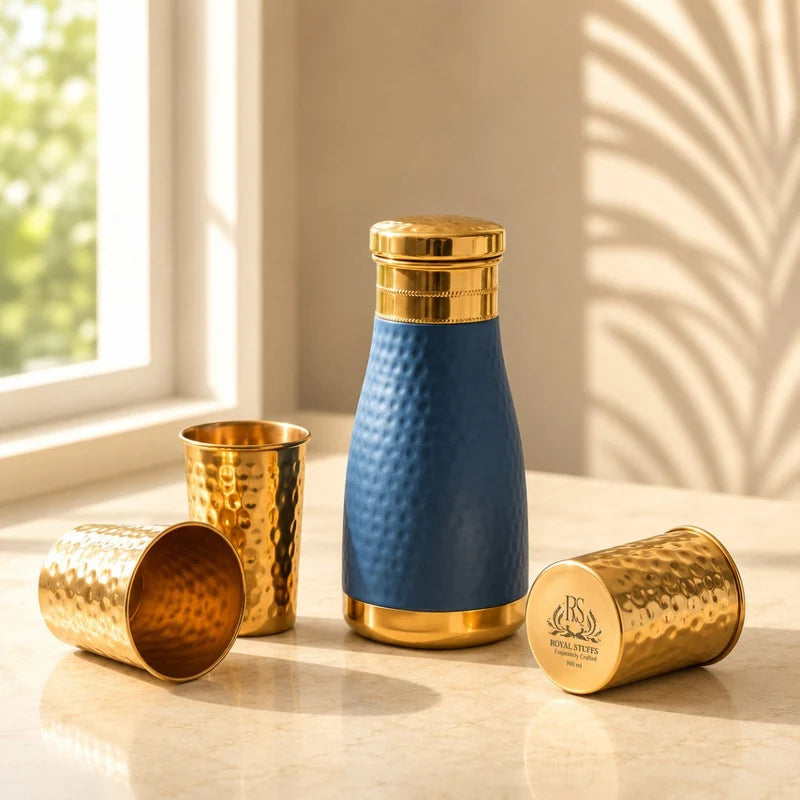 RoyalStuffs Pure Copper Bedside Water Carafe Set – Blue Designer Copper Bottle with 4 Hammered Glasses (1000 ML)