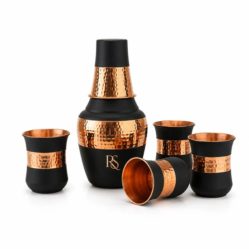 RoyalStuffs Pure Copper Bedroom Water Carafe Set – Black Designer Copper Bottle with 4 Glasses (1250 ML)