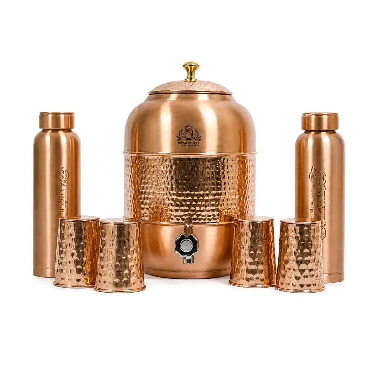 RoyalStuffs Pure Copper Water Dispenser Set – Hammered 8 Liter Copper Storage Tank with 2 Tumblers & 1 Bottle